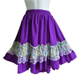 Vintage Square Dancing Circle Skirt Purple Border Floral Full Lace Trim M